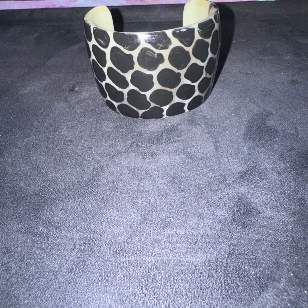 Vintage Horn Bone Giraffe Print Wide Cuff Statement Bracelet Black Cream